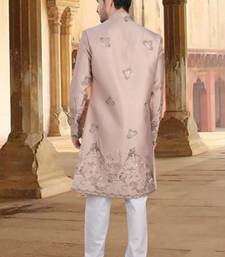 Metalic pink silk embroidery indowestern for mens
