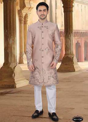 Metalic pink silk embroidery indowestern for mens 1
