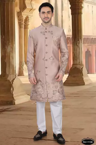 Metalic pink silk embroidery indowestern for mens