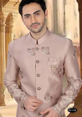 Metalic pink silk embroidery indowestern for mens 3