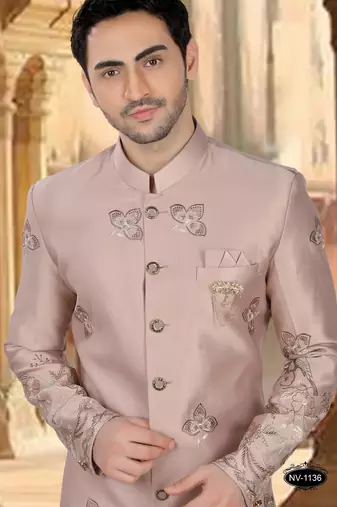 Metalic pink silk embroidery indowestern for mens
