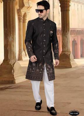 Black malia silk embroidery indowestern for mens 1
