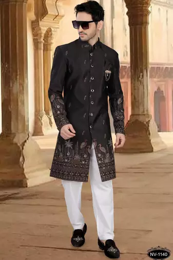 Black malia silk embroidery indowestern for mens