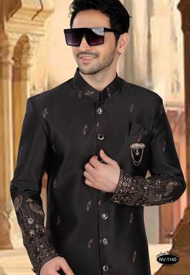 Black malia silk embroidery indowestern for mens 3