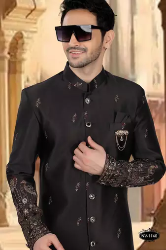 Black malia silk embroidery indowestern for mens