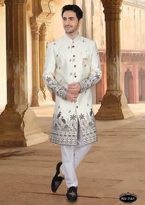 Cream malia silk embroidery indowestern for mens 1