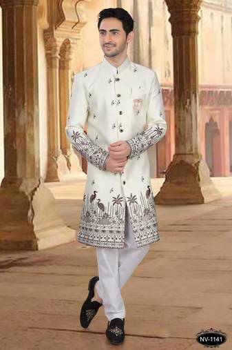 Cream malia silk embroidery indowestern for mens