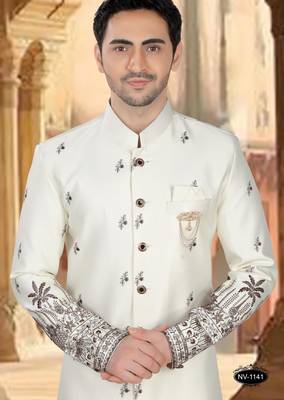 Cream malia silk embroidery indowestern for mens 3