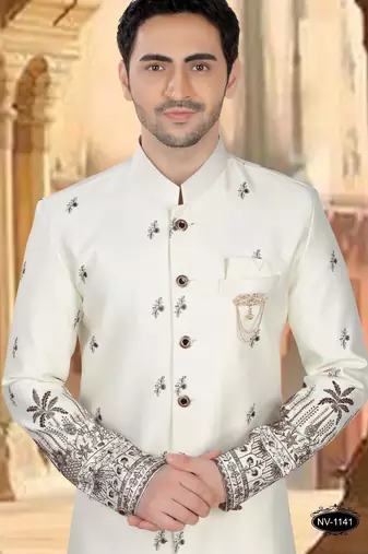 Cream malia silk embroidery indowestern for mens