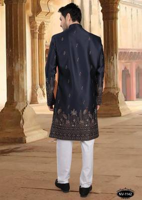 Blue malia silk embroidery indowestern for mens 2