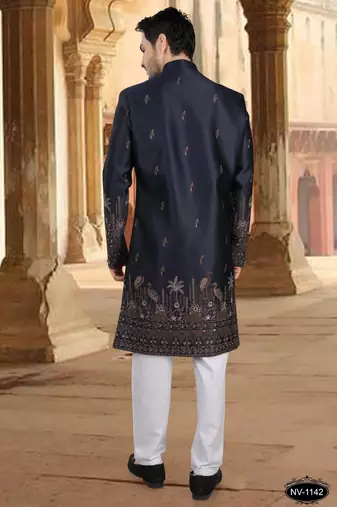 Blue malia silk embroidery indowestern for mens