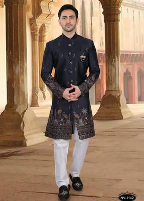 Blue malia silk embroidery indowestern for mens 1