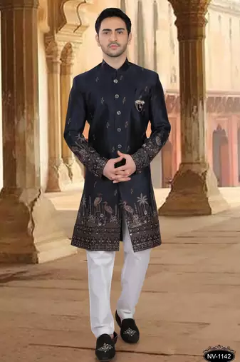 Blue malia silk embroidery indowestern for mens