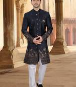 Blue malia silk embroidery indowestern for mens