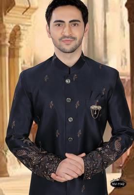 Blue malia silk embroidery indowestern for mens 3
