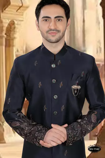 Blue malia silk embroidery indowestern for mens