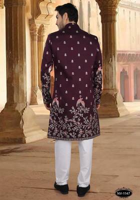 Wine silk embroidery indowestern for mens 2