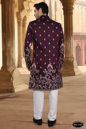 Wine silk embroidery indowestern for mens