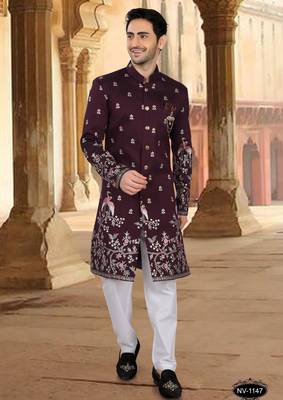Wine silk embroidery indowestern for mens 1