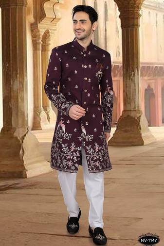 Wine silk embroidery indowestern for mens
