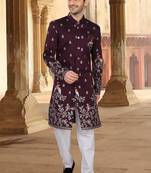 Wine silk embroidery indowestern for mens