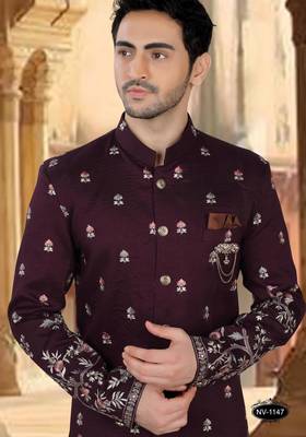 Wine silk embroidery indowestern for mens 3