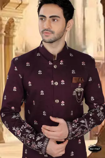 Wine silk embroidery indowestern for mens