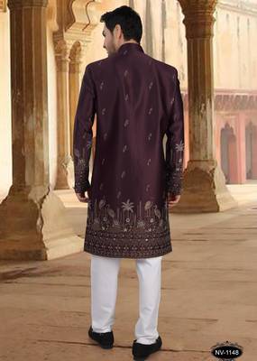 Wine malia silk embroidery indowestern for mens 2
