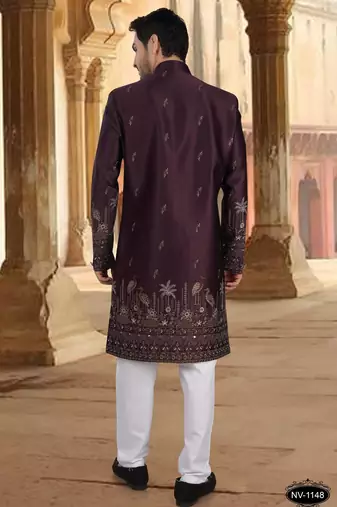 Wine malia silk embroidery indowestern for mens