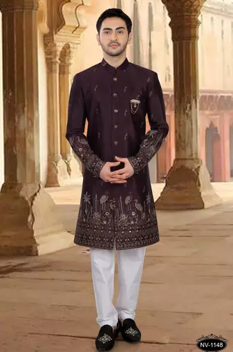 Wine malia silk embroidery indowestern for mens