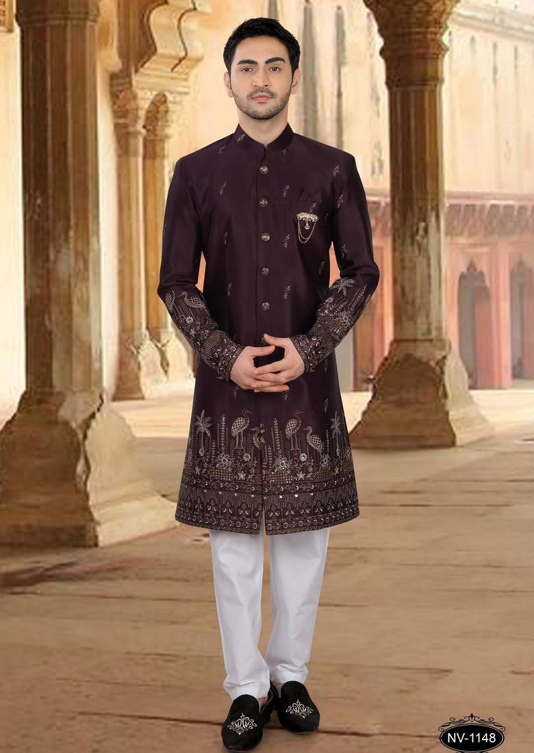 Wine malia silk embroidery indowestern for mens