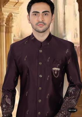 Wine malia silk embroidery indowestern for mens 3