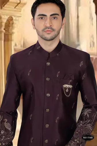 Wine malia silk embroidery indowestern for mens