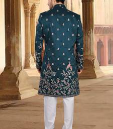 Blue silk embroidery indowestern for mens