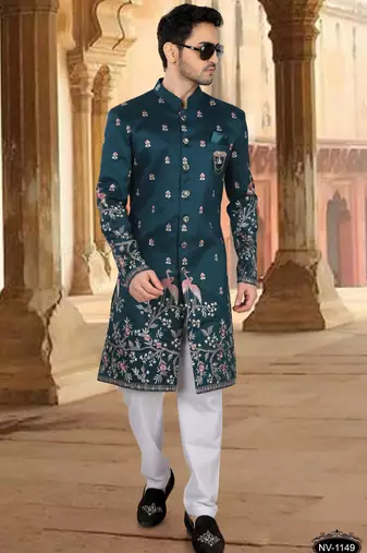 Blue silk embroidery indowestern for mens