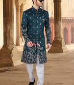 Blue silk embroidery indowestern for mens