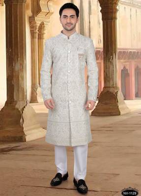 Cream georget embroidery sherwani for mens 1