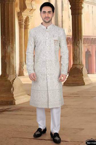 Cream georget embroidery sherwani for mens
