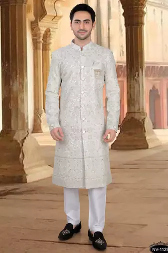 Cream georget embroidery sherwani for mens