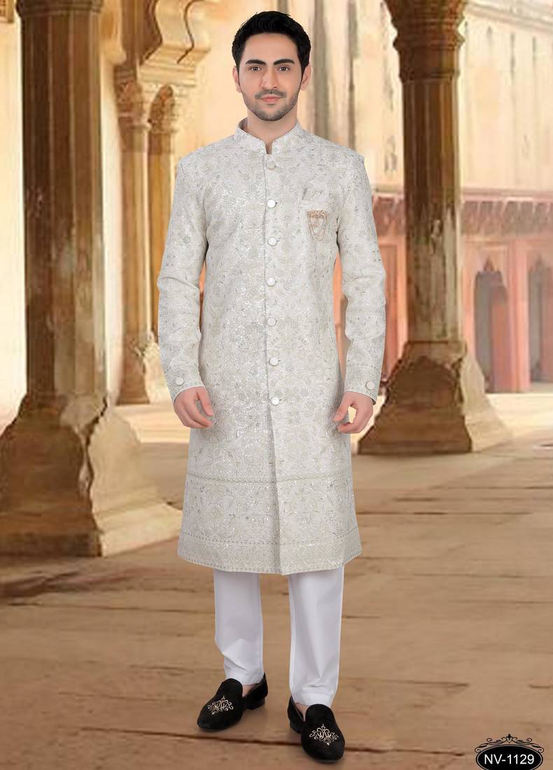 Cream georget embroidery sherwani for mens