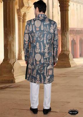 Bluish grey silk embroidery sherwani for mens 2