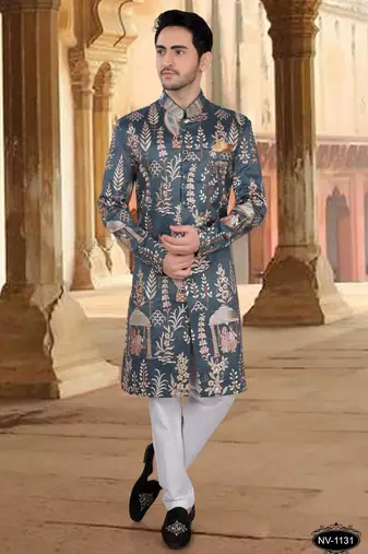 Bluish grey silk embroidery sherwani for mens