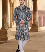 Bluish grey silk embroidery sherwani for mens