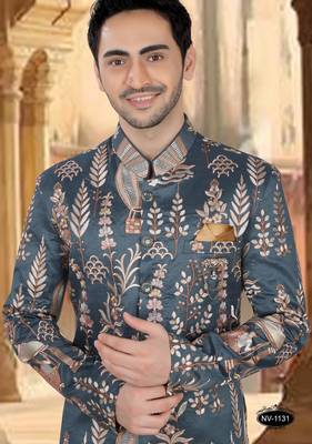 Bluish grey silk embroidery sherwani for mens 3
