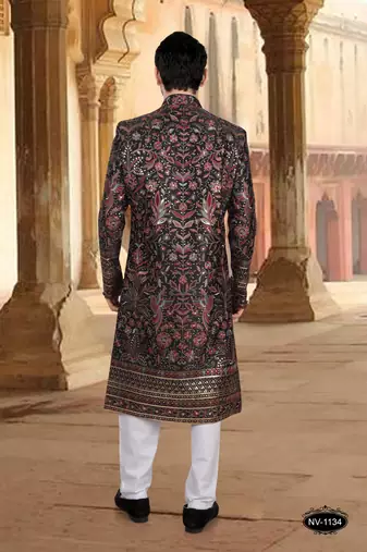 Black silk embroidery sherwani for mens