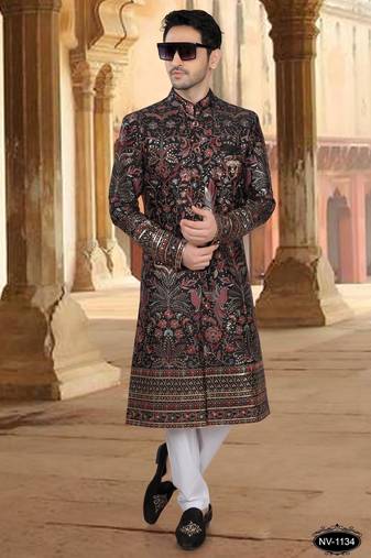Black silk embroidery sherwani for mens