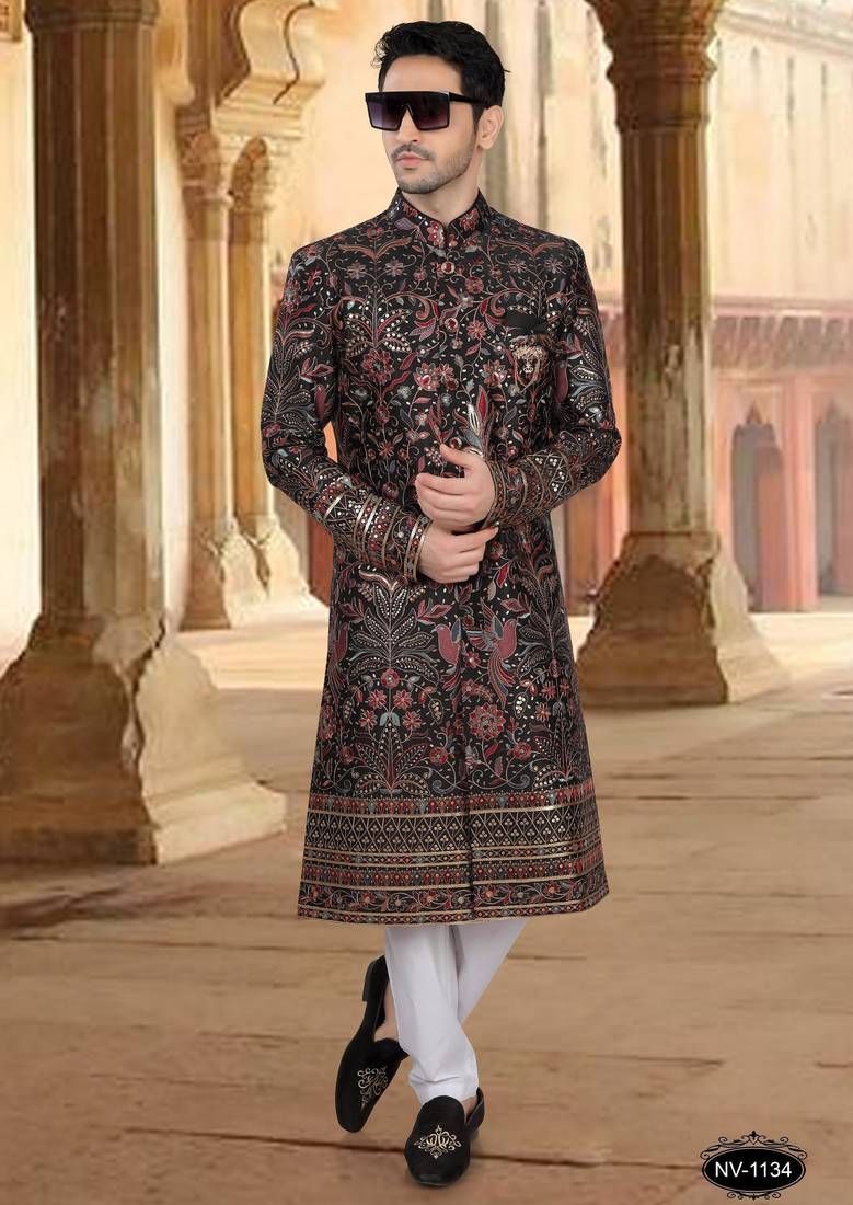Black silk embroidery sherwani for mens