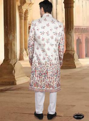 Cream silk embroidery sherwani for mens 2