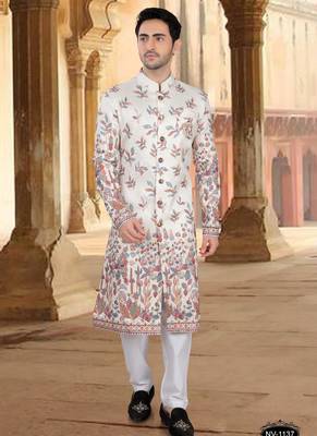 Cream silk embroidery sherwani for mens 1