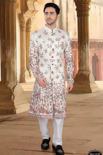 Cream silk embroidery sherwani for mens